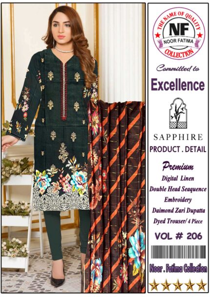 Noor Fayima Digital Printed Linen 3Piece Vol#206 D#8