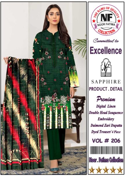 Noor Fayima Digital Printed Linen 3Piece Vol#206 D#7