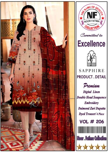 Noor Fayima Digital Printed Linen 3Piece Vol#206 D#6