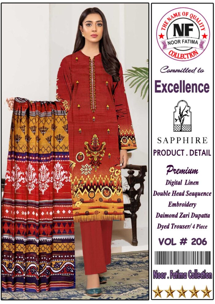 Noor Fayima Digital Printed Linen 3Piece Vol#206 D#5