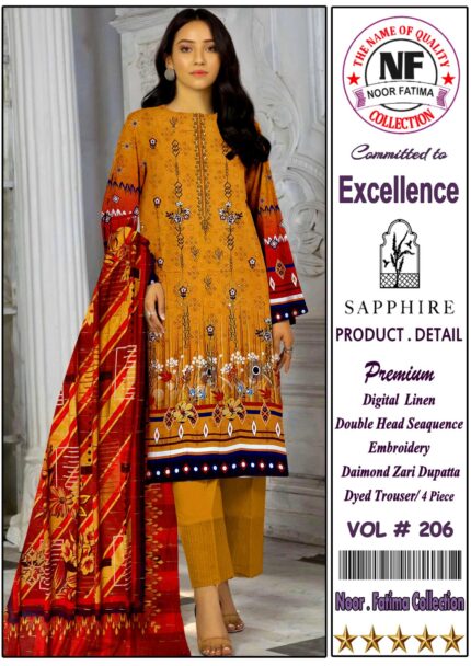 Noor Fayima Digital Printed Linen 3Piece Vol#206 D#2