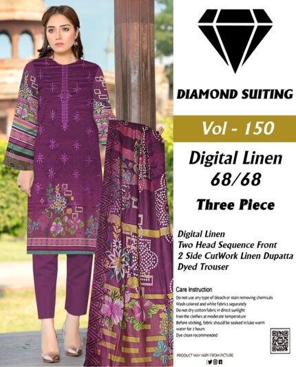 Diamond Digital Linen 3PC Embroidered with 2 side CutWork Dupatta Suit D-6