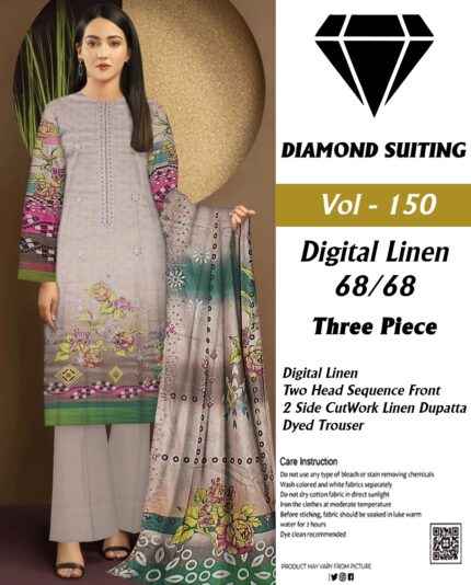 Diamond Digital Linen 3PC Embroidered with 2 side CutWork Dupatta Suit D-7