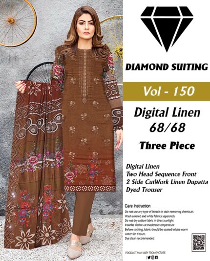 Diamond Digital Linen 3PC Embroidered with 2 side CutWork Dupatta Suit D-5