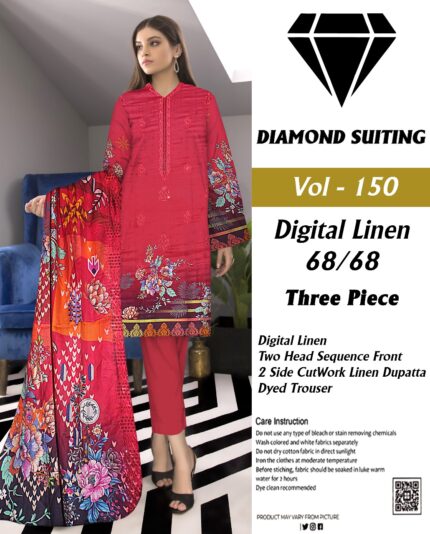 Diamond Digital Linen 3PC Embroidered with 2 side CutWork Dupatta Suit D-4