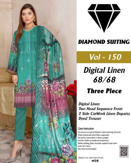 Diamond Digital Linen 3PC Embroidered with 2 side CutWork Dupatta Suit D-3