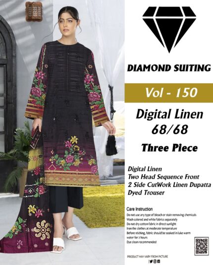 Diamond Digital Linen 3PC Embroidered with 2 side CutWork Dupatta Suit D-2