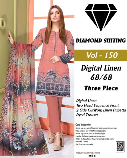 Diamond Digital Linen 3PC Embroidered with 2 side CutWork Dupatta Suit D-1