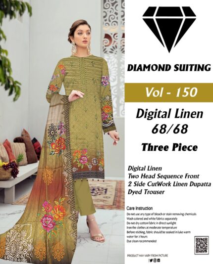 Diamond Digital Linen 3PC Embroidered with 2 side CutWork Dupatta Suit D-10