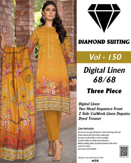 Diamond Digital Linen 3PC Embroidered with 2 side CutWork Dupatta Suit D-9