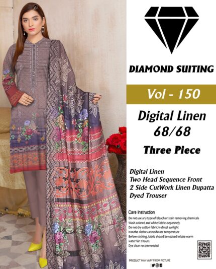 Diamond Digital Linen 3PC Embroidered with 2 side CutWork Dupatta Suit D-8